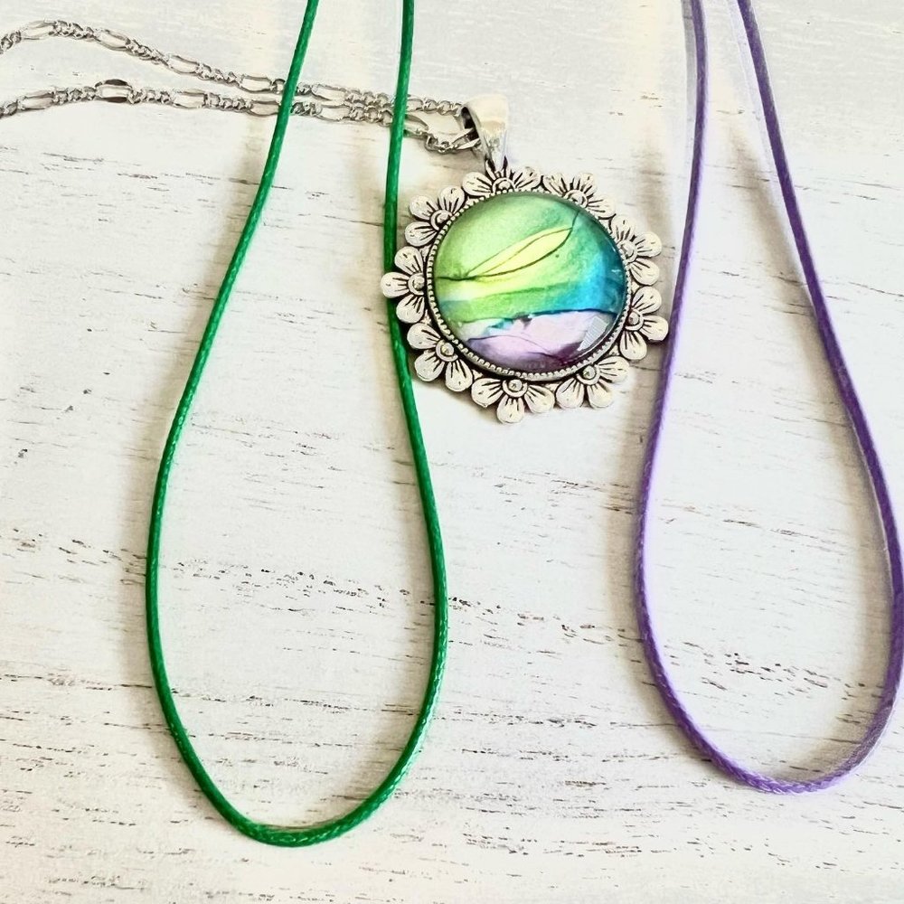 Watercolor Flower Pendant Necklace, Floral Metal Necklace, Boho Jewelry - Picture 4 of 11